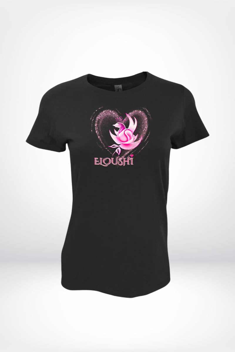 Woman’s Eloushi Pink Heart Black Tee