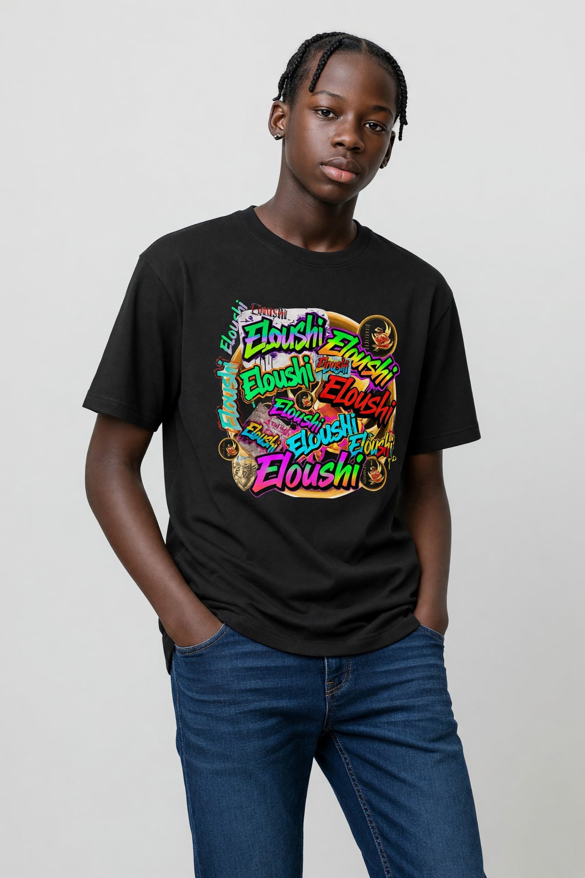 Eloushi Color Graffiti Script Tee - model shot