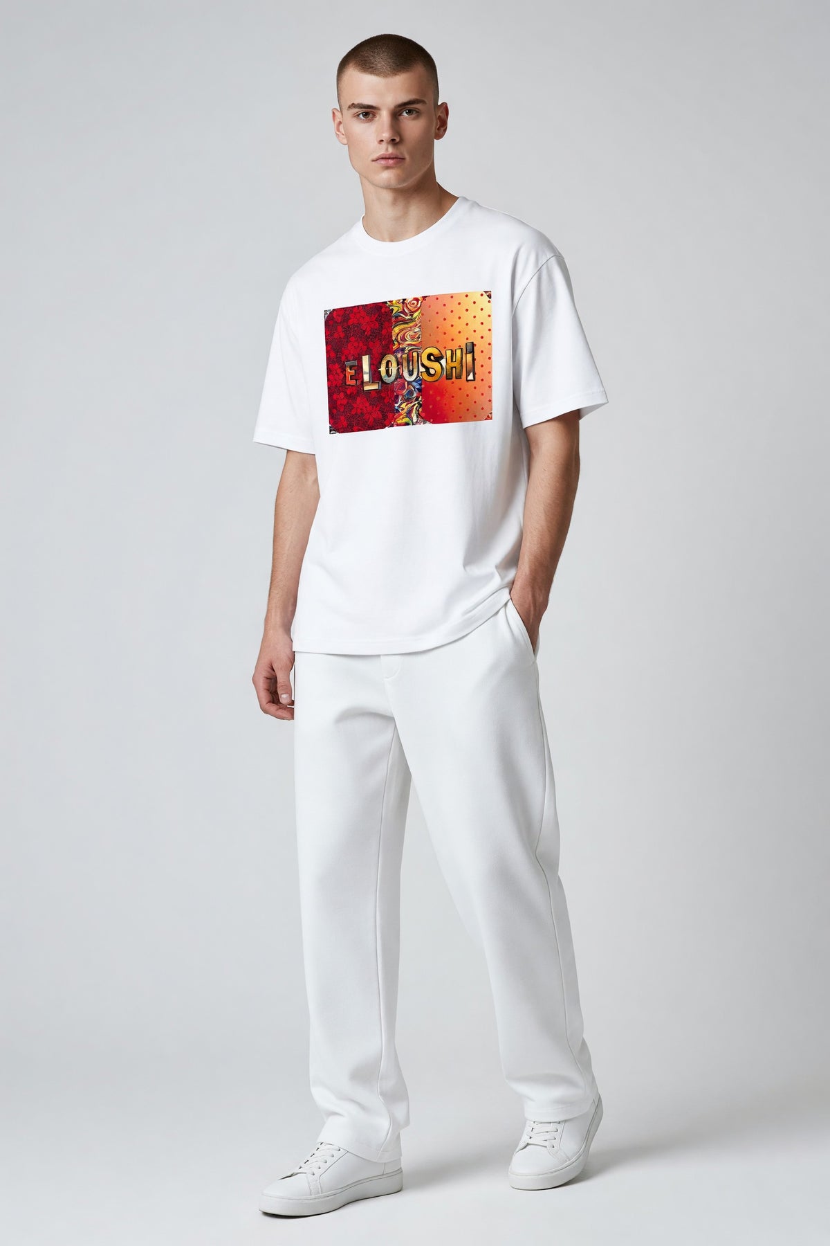 Eloushi Crimson Geo Tee - model shot