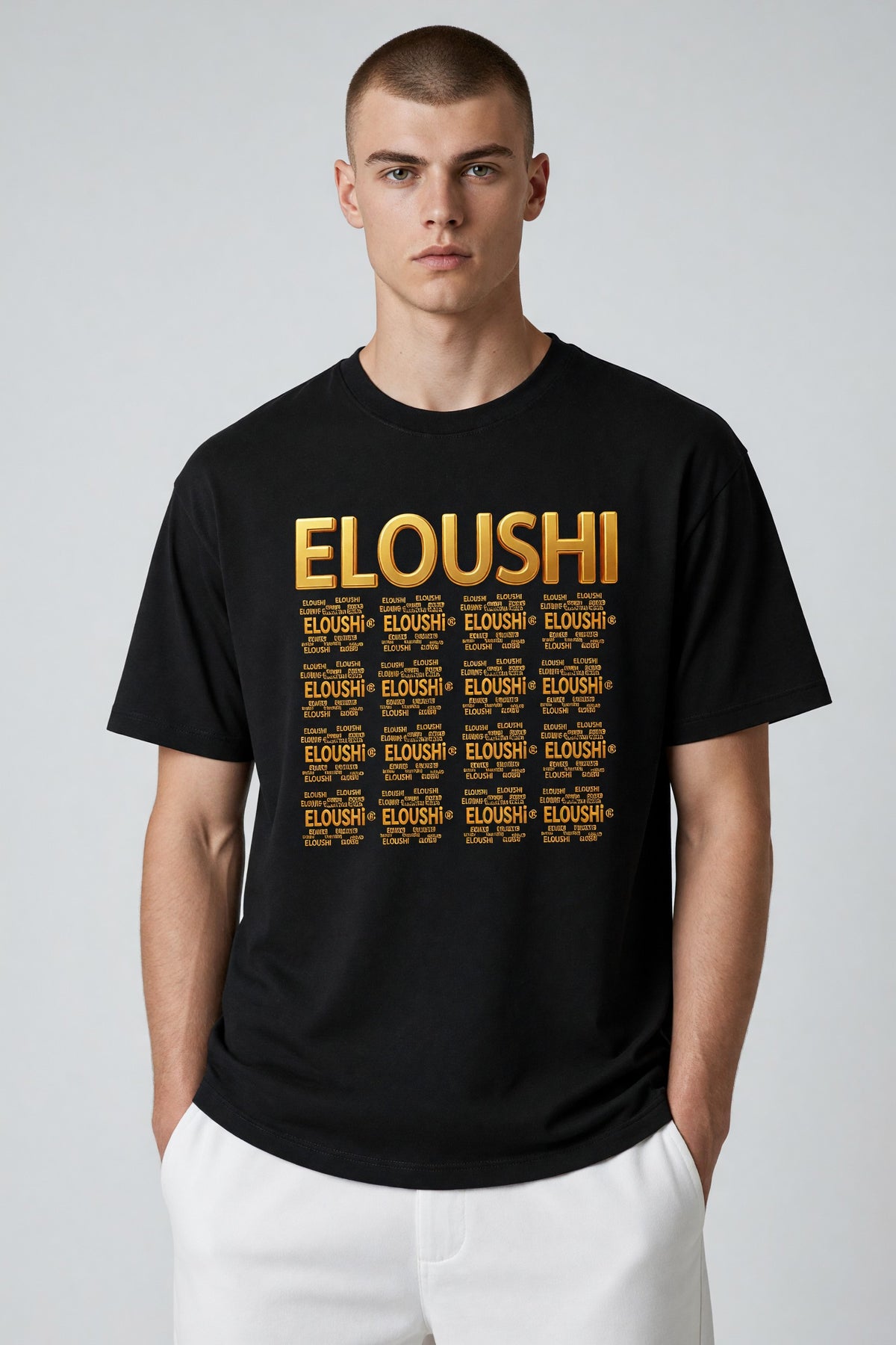 Eloushi Gold Plaque Tee - model shot