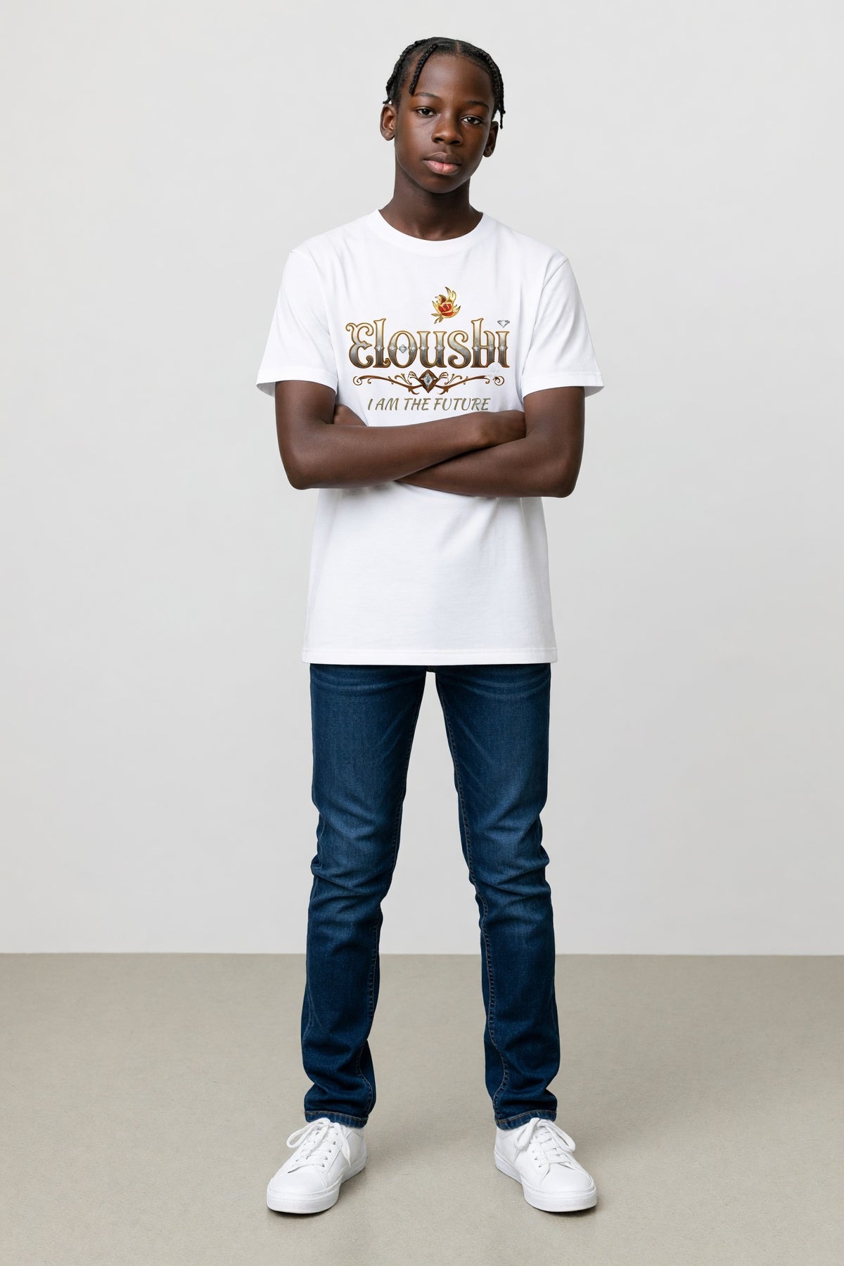 Eloushi I Am The Future Serif Tee - model shot