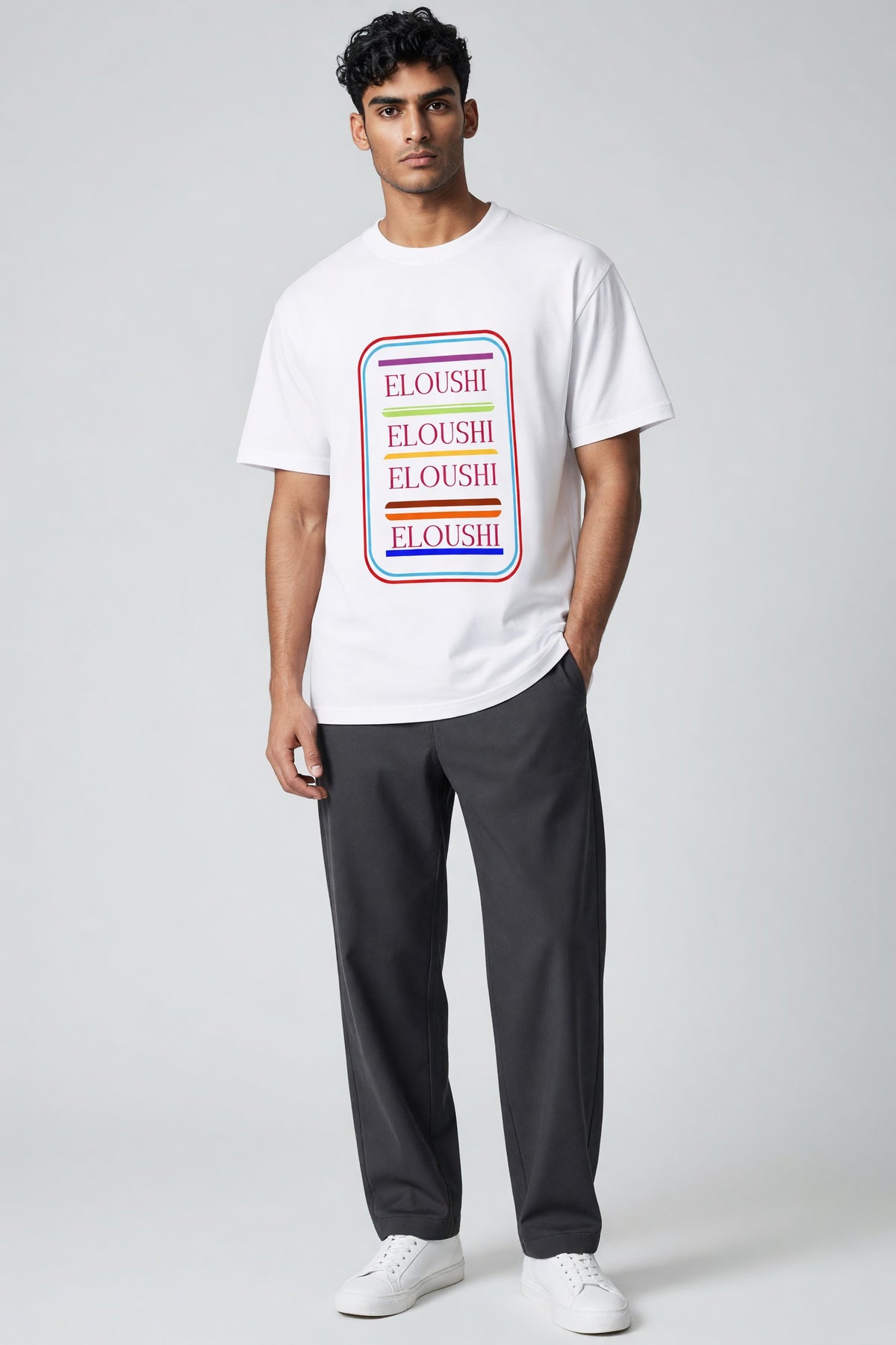 Eloushi Stacked Badge Tee - model shot