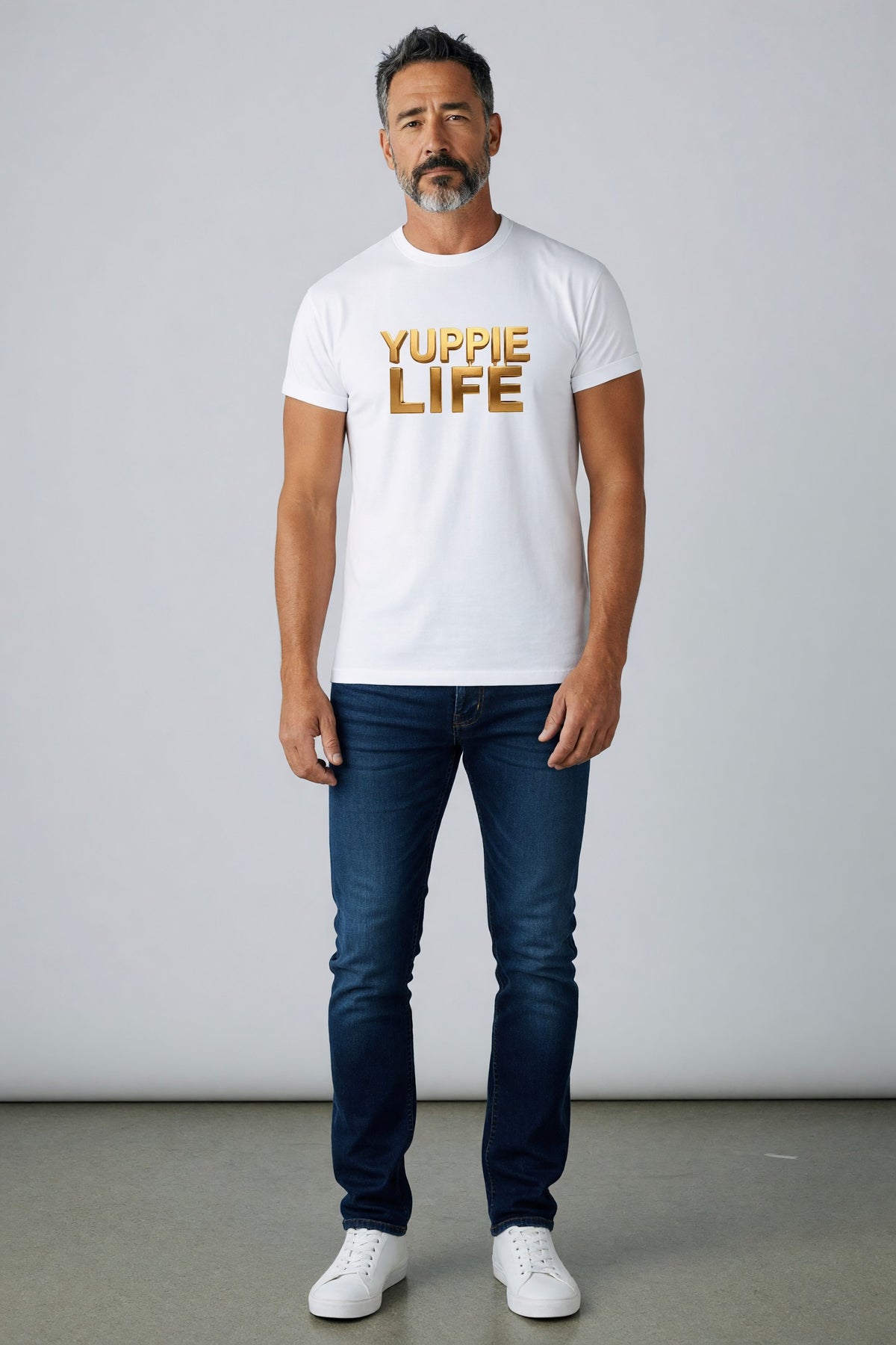 Yuppie Life Gold Block Tee - model shot