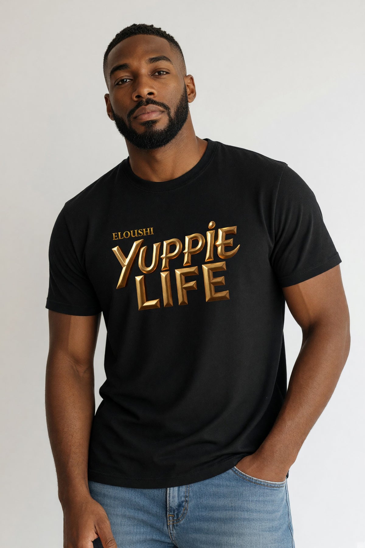Yuppie Life Gold Script Tee - model shot