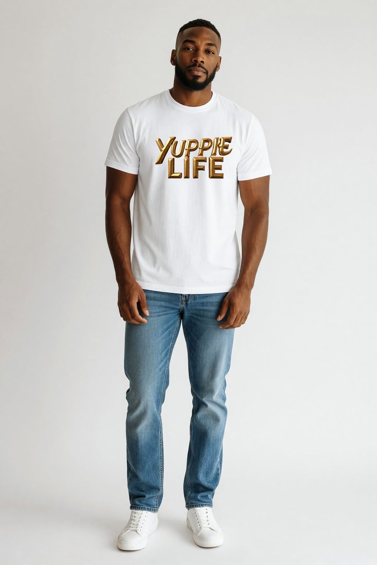 Yuppie Life Gold Script Tee - model shot