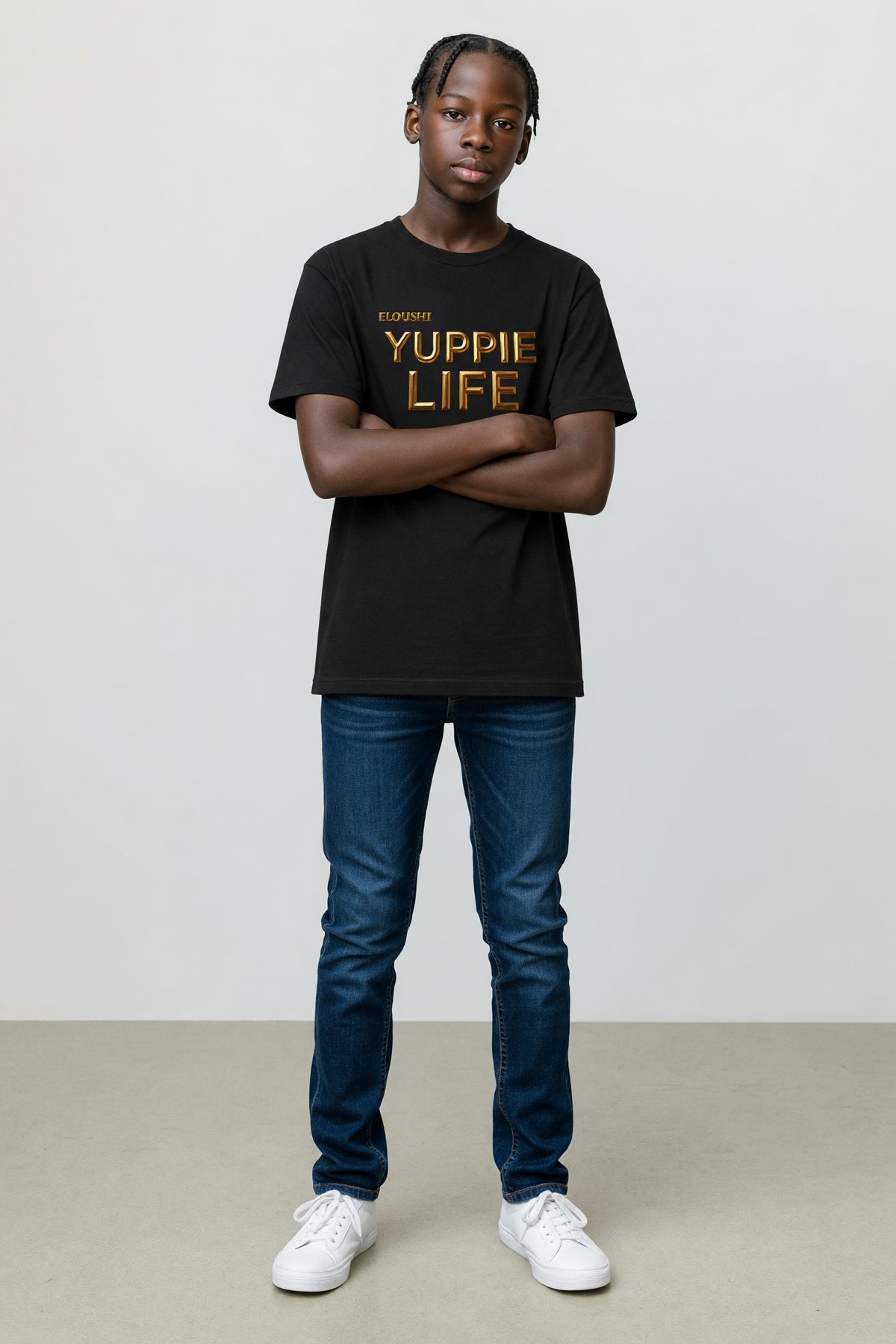 Yuppie Life Gold Serif Tee - model shot