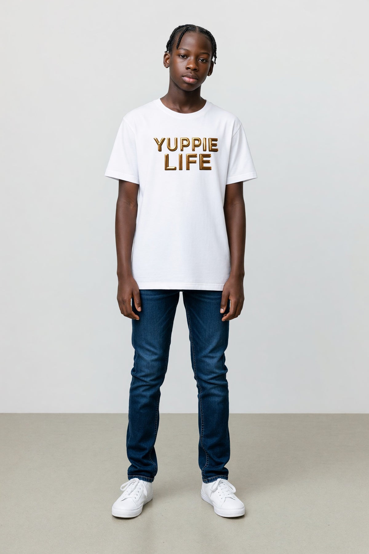 Yuppie Life Gold Serif Tee - model shot